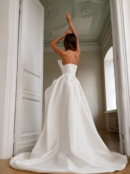 Avant-Garde Strapless Mikado Wedding Dress with Sculptural Draping & High Slit | Babkin Couture