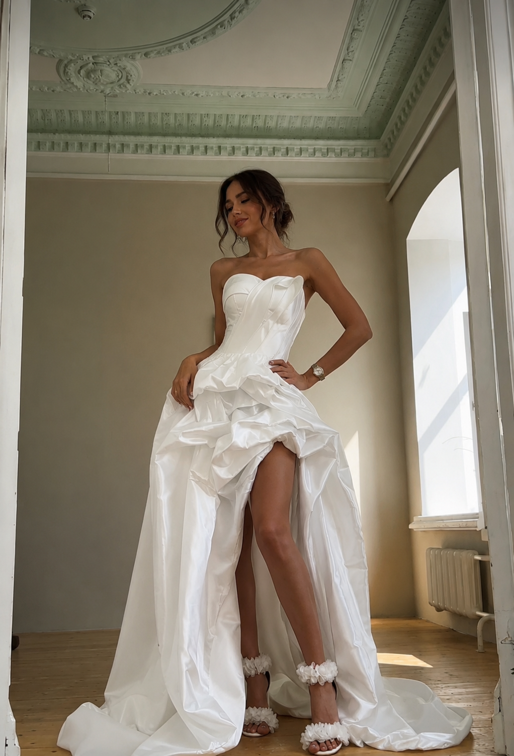 Avant-Garde Strapless Mikado Wedding Dress with Sculptural Draping & High Slit | Babkin Couture