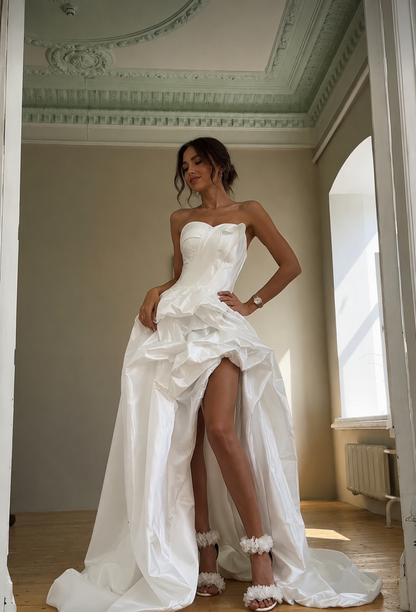 Avant-Garde Strapless Mikado Wedding Dress with Sculptural Draping & High Slit | Babkin Couture